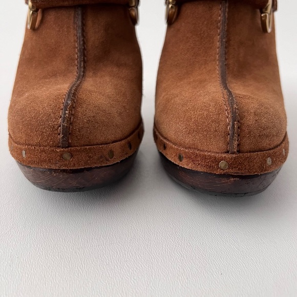 GUCCI | Brown Suede Horsebit Nailhead High Heel Wood Mule Clogs Platform US 8.5 - Picture 4 of 16